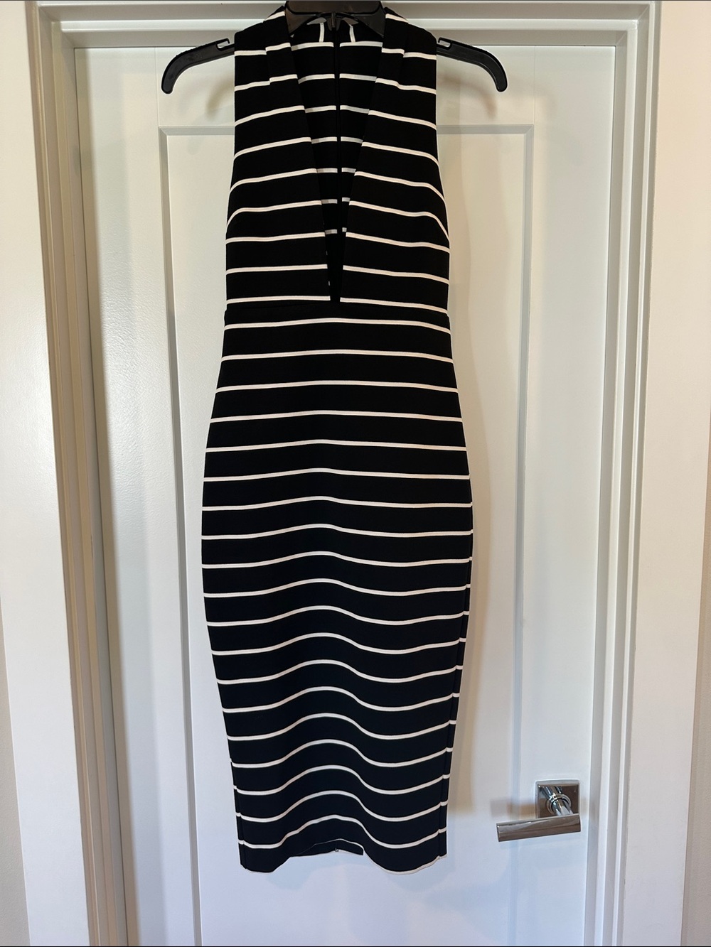 Bec & Bridge Black and White Striped Halter Midi Dress